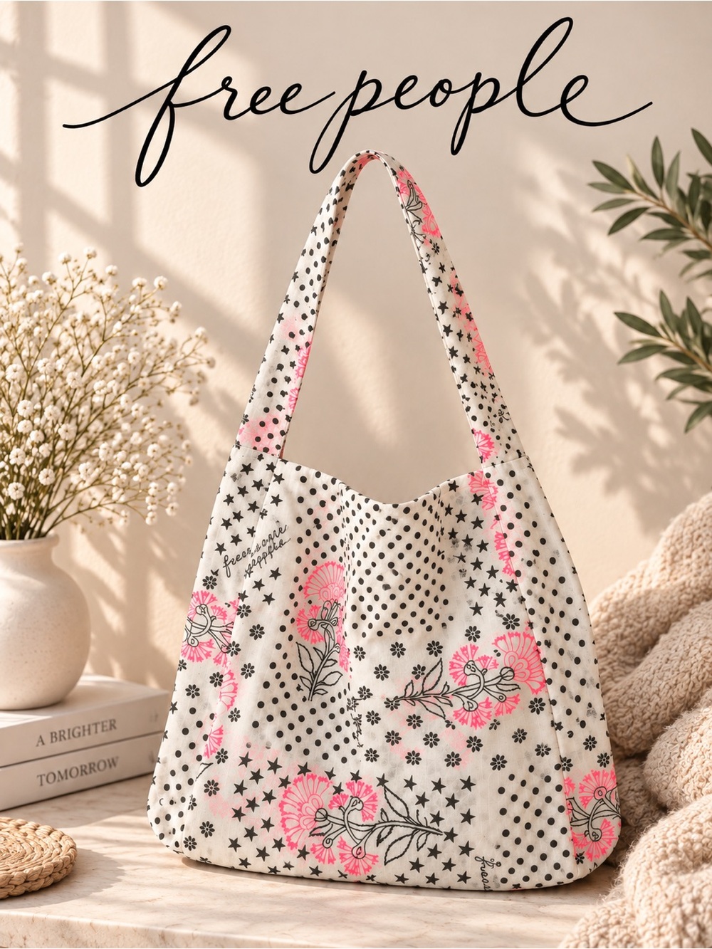 Free People Boho Floral Star Polka Dot Gauze Tote Bag
